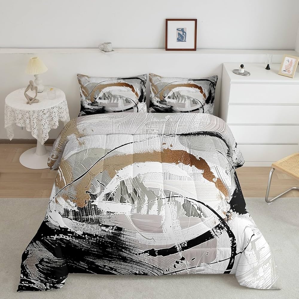 Erosebridal Taupe Brown Comforter Set Gradient Black White Grey Abstract Ombre Bedding Sets Full,Watercolor Brush Strokes Oil Painting Quilt Modern Graffiti Art Room Decor