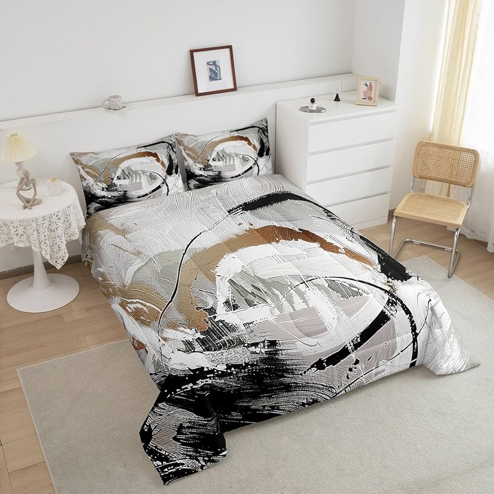 Erosebridal Taupe Brown Comforter Set Gradient Black White Grey Abstract Ombre Bedding Sets Full,Watercolor Brush Strokes Oil Painting Quilt Modern Graffiti Art Room Decor