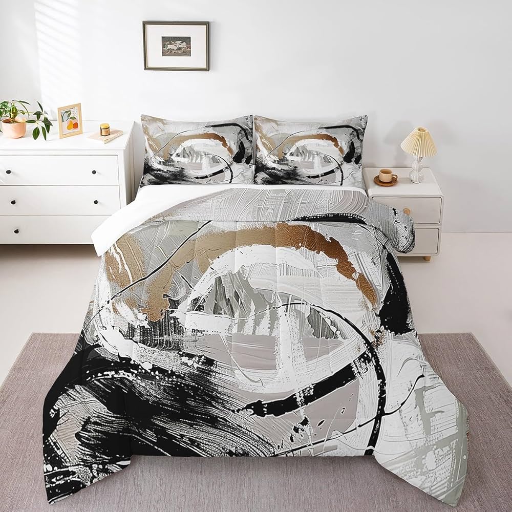 Erosebridal Taupe Brown Comforter Set Gradient Black White Grey Abstract Ombre Bedding Sets Full,Watercolor Brush Strokes Oil Painting Quilt Modern Graffiti Art Room Decor