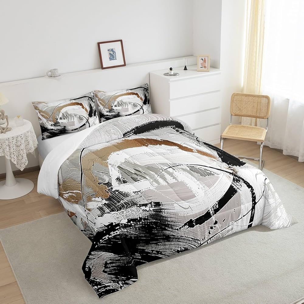 Erosebridal Taupe Brown Comforter Set Gradient Black White Grey Abstract Ombre Bedding Sets Full,Watercolor Brush Strokes Oil Painting Quilt Modern Graffiti Art Room Decor