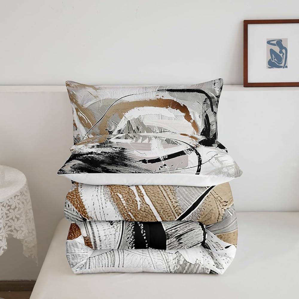 Erosebridal Taupe Brown Comforter Set Gradient Black White Grey Abstract Ombre Bedding Sets Full,Watercolor Brush Strokes Oil Painting Quilt Modern Graffiti Art Room Decor