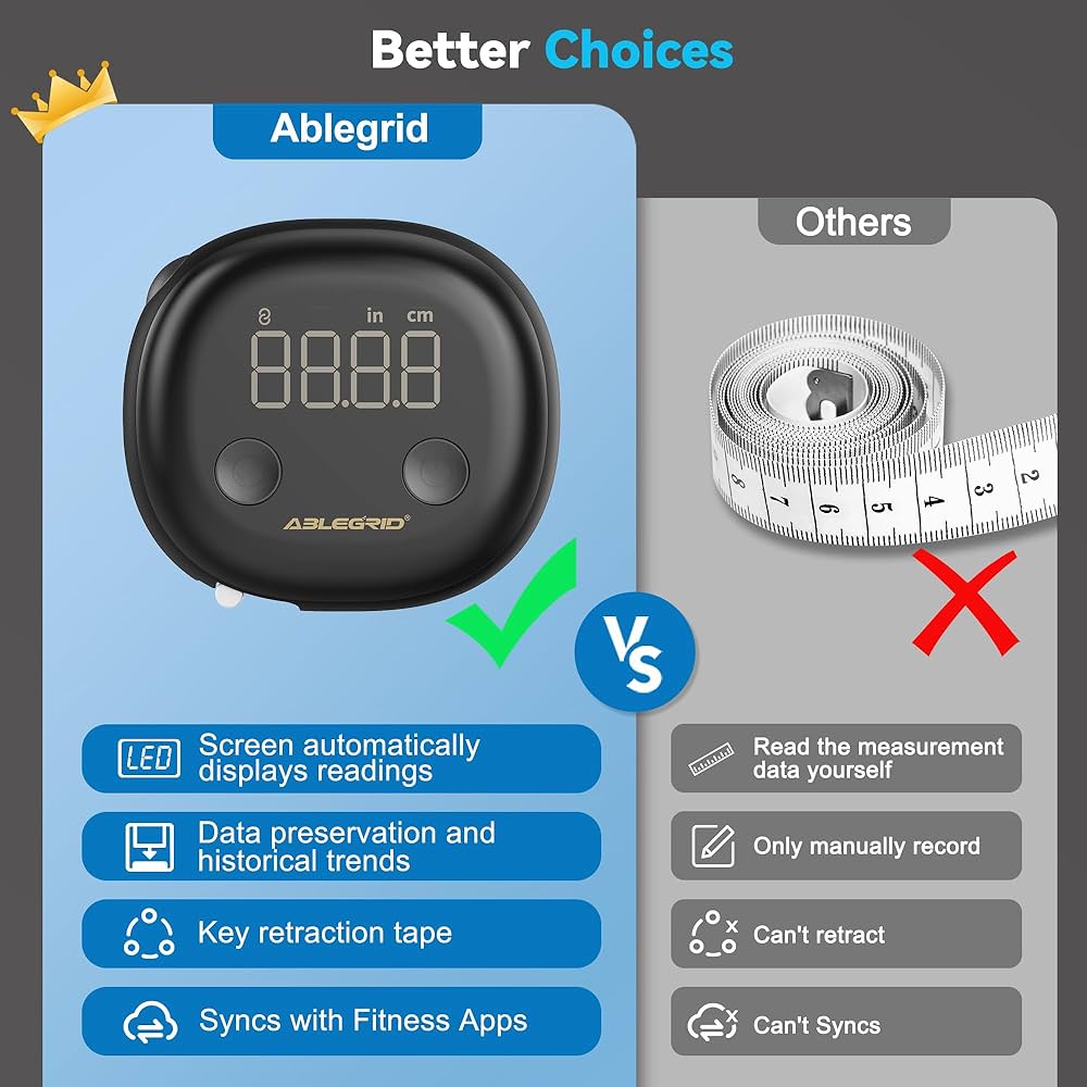 ABLEGRID Smart Body Tape Measure,Rechargeable Body Measuring Tape with Fitdays APP,Accurate Retractable Digital Body Measurement Device Tool for Muscle Gain,Weight Loss,Fitness,Locking,60in/150cm