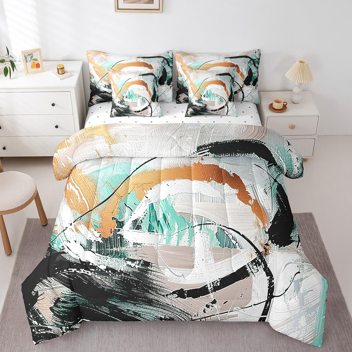 Orange Comforter Set 7 Piece Bed in a Bag Twin,Gradient Black White Grey Turquoise Ombre Bedding Sets,Brush Oil Painting Contemporary Sheet Set with Comforter Vintage Graffiti Art Room Decor