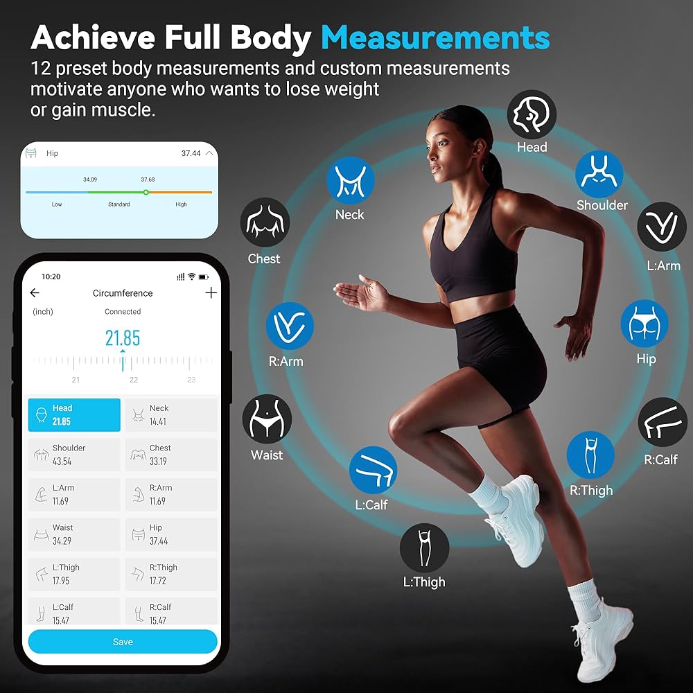 ABLEGRID Smart Body Tape Measure,Rechargeable Body Measuring Tape with Fitdays APP,Accurate Retractable Digital Body Measurement Device Tool for Muscle Gain,Weight Loss,Fitness,Locking,60in/150cm
