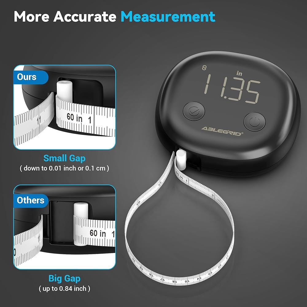 ABLEGRID Smart Body Tape Measure,Rechargeable Body Measuring Tape with Fitdays APP,Accurate Retractable Digital Body Measurement Device Tool for Muscle Gain,Weight Loss,Fitness,Locking,60in/150cm