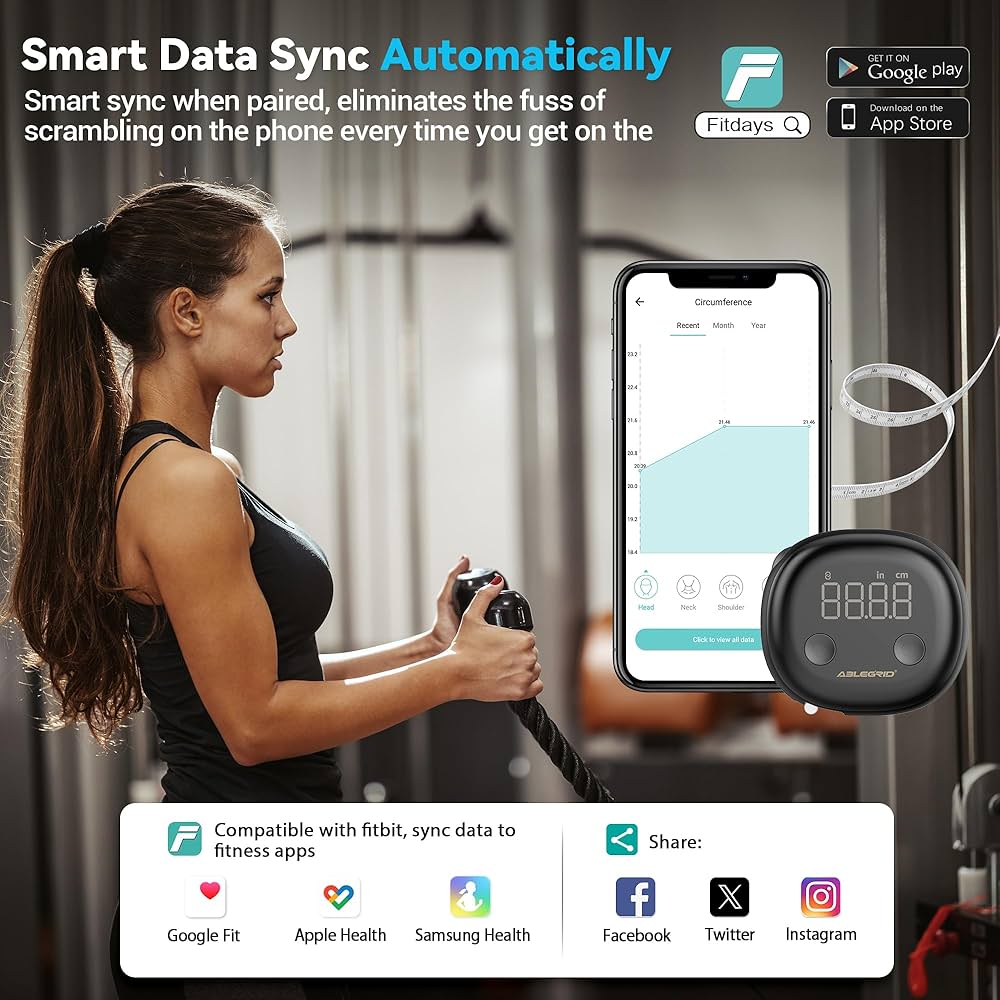 ABLEGRID Smart Body Tape Measure,Rechargeable Body Measuring Tape with Fitdays APP,Accurate Retractable Digital Body Measurement Device Tool for Muscle Gain,Weight Loss,Fitness,Locking,60in/150cm