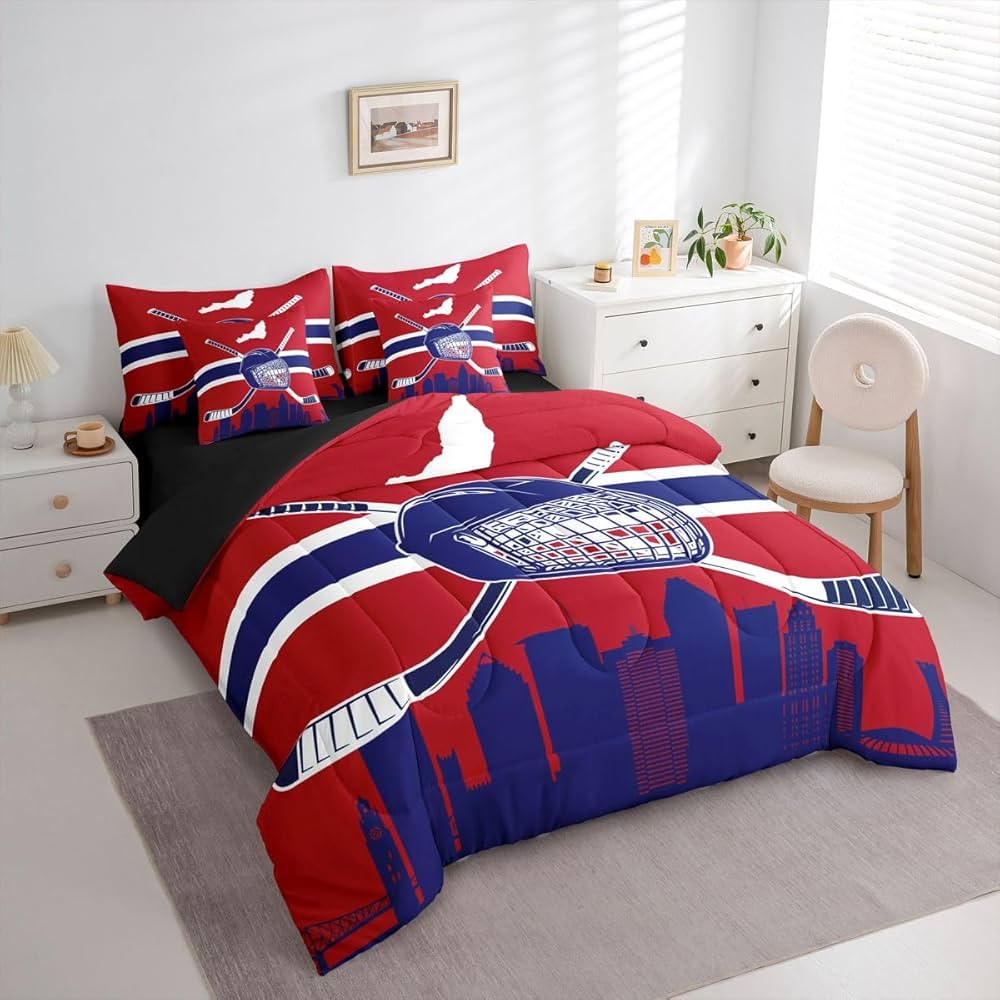 Erosebridal Queen Comforter Set 7 Pieces, All Season Bed in a Bag Queen, Ultra Soft Queen Bedding Set with Ice Hockey Comforter, Flat Sheet, Fitted Sheet, Pillowcases, Cushion Cases,