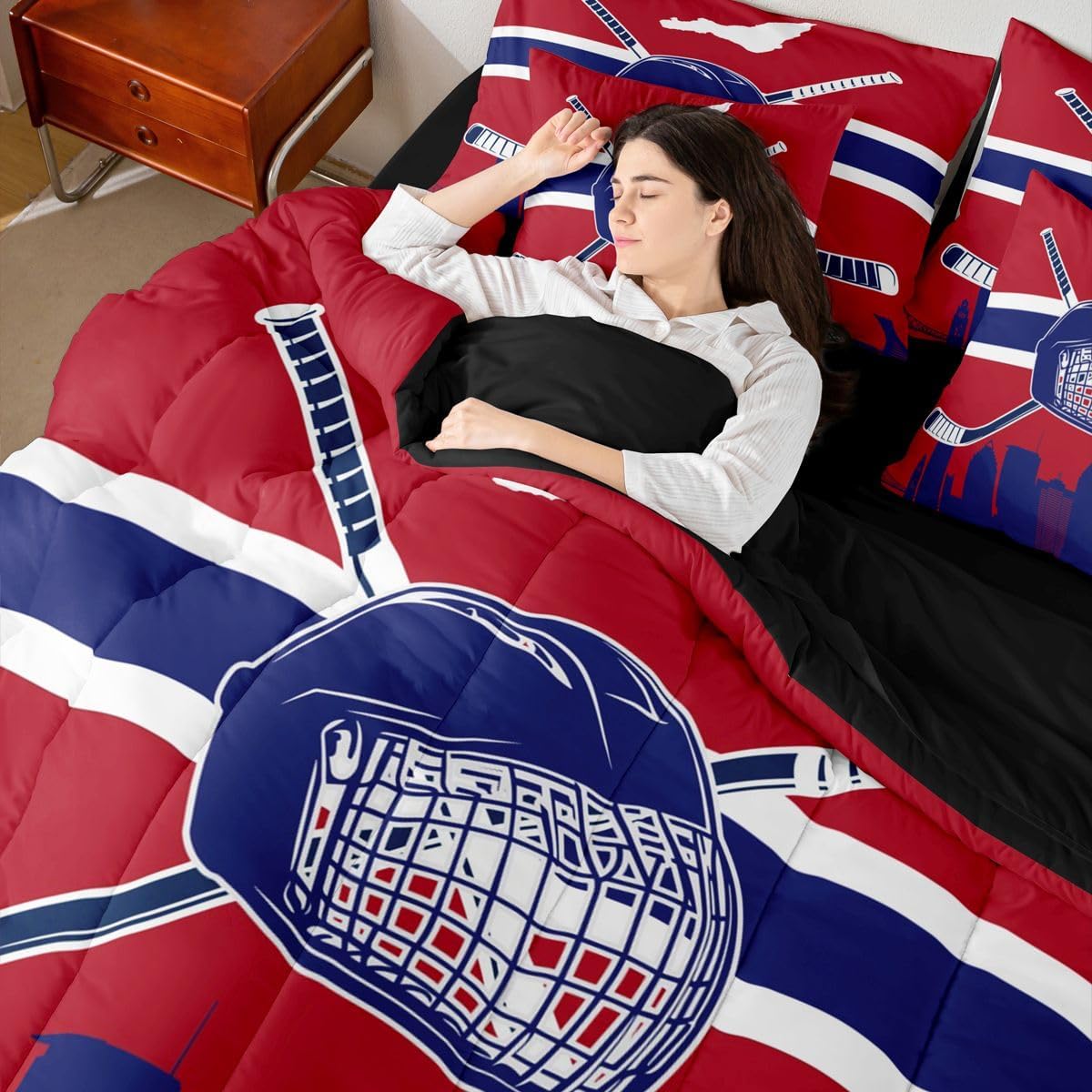 Erosebridal Queen Comforter Set 7 Pieces, All Season Bed in a Bag Queen, Ultra Soft Queen Bedding Set with Ice Hockey Comforter, Flat Sheet, Fitted Sheet, Pillowcases, Cushion Cases,