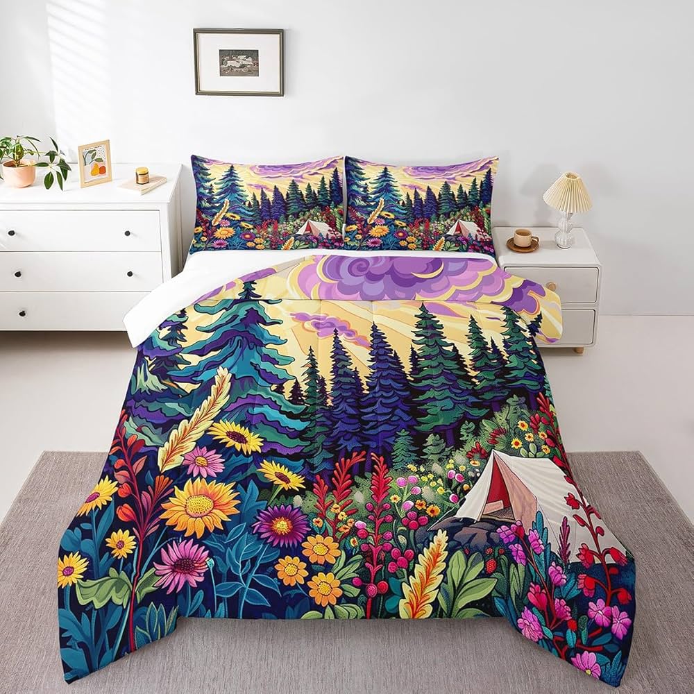 Happy Camping Comforter Set Watercolor Wild Flowers Bedding Set Outdoor Pine Trees Bedding Home Decor Purple Yellow Blue Green Comforter Queen Size 3 Pieces Quilted Duvet Set with 2 Pillowcase
