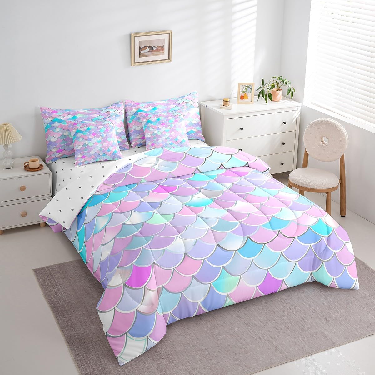 Castle Fairy 7 Pieces Fish Scales Comforter Set for Kids Colorful Bedding Set Queen Size,Romantic Style Comforter for Boys Girls Adult Mermaid Super Soft Fade Resistant Microfiber Bedding