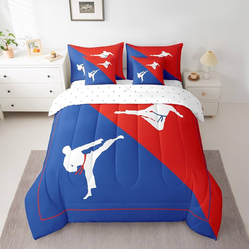Castle Fairy 7 Pieces Taekwondo Comforter Set for Kids Blue Red Bedding Set Queen Size,Japanese Style Comforter for Boys Girls Adult Kungfu Super Soft Fade Resistant Microfiber Bedding