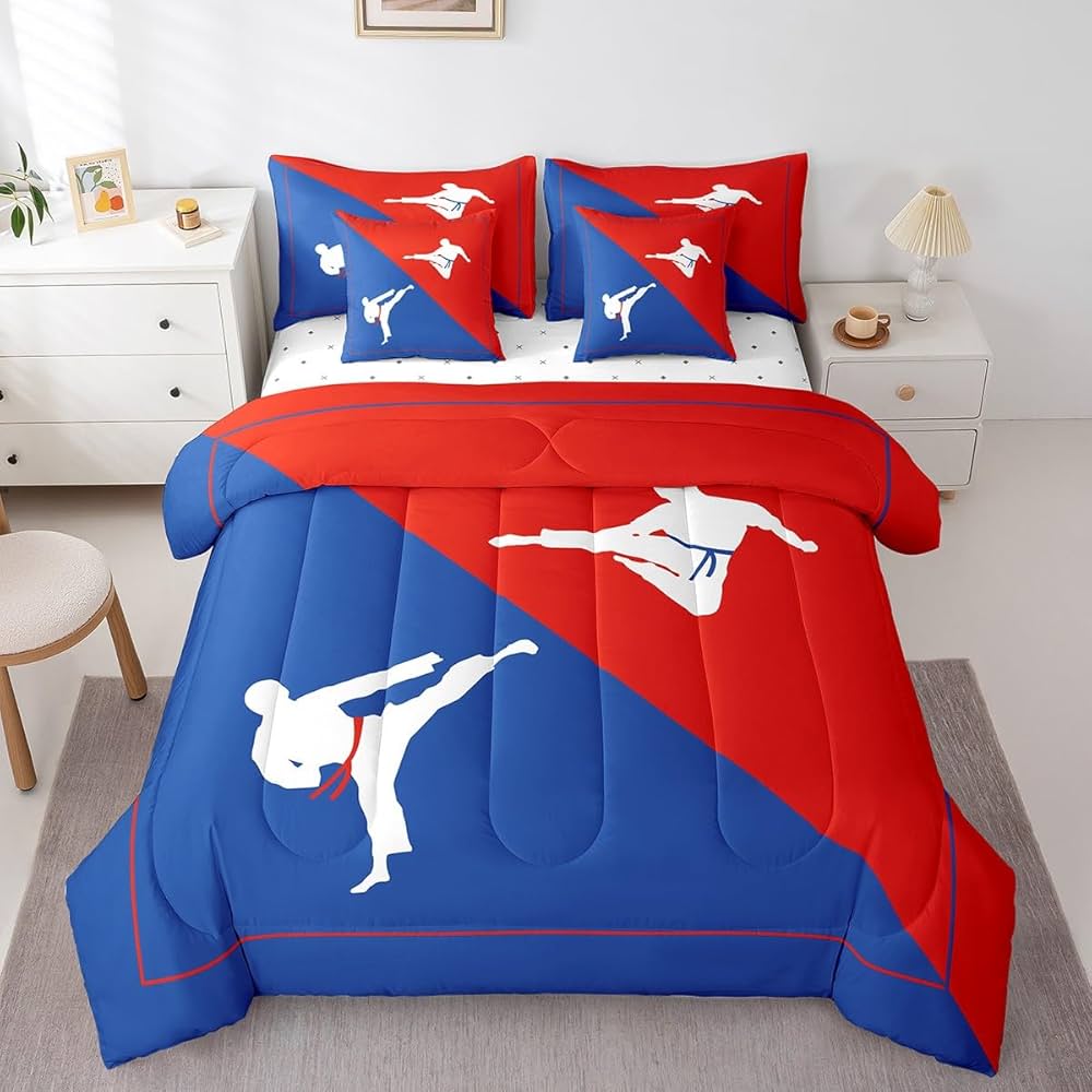 Castle Fairy 7 Pieces Taekwondo Comforter Set for Kids Blue Red Bedding Set Queen Size,Japanese Style Comforter for Boys Girls Adult Kungfu Super Soft Fade Resistant Microfiber Bedding