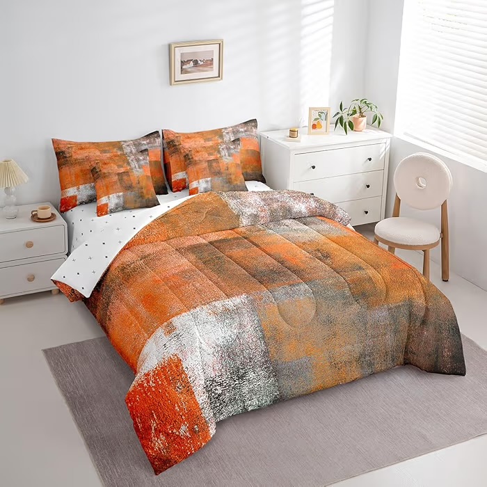 Erosebridal Orange Grey Comforter Set Queen,Watercolor Ombre Bed in A Bag for Women Men,Oil Painting Bedding,Vintage Minimalism Reversible Bed Sets with Sheet Set,7 Piece Bedroom Decor