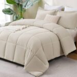 CozyLux Queen Size Comforter Sets Beige – 3 Pieces Box Stitched Queen Bed Set for All Seasons, Soft Lightweight Bedding Sets with 1 Down Alternative Comforter and 2 Pillow Shams