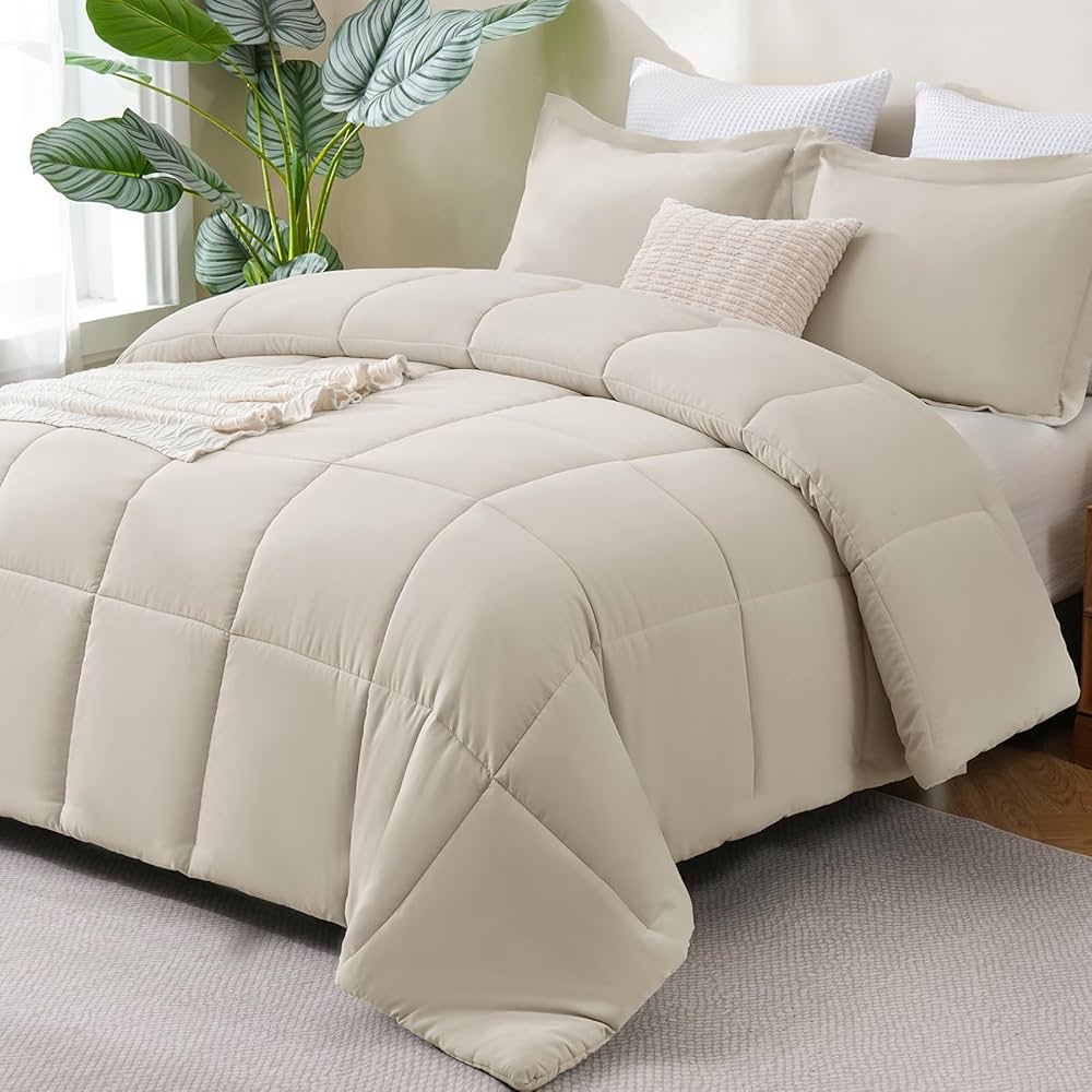 CozyLux Queen Size Comforter Sets Beige – 3 Pieces Box Stitched Queen Bed Set for All Seasons, Soft Lightweight Bedding Sets with 1 Down Alternative Comforter and 2 Pillow Shams