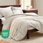 CozyLux Queen Size Comforter Sets Beige – 3 Pieces Box Stitched Queen Bed Set for All Seasons, Soft Lightweight Bedding Sets with 1 Down Alternative Comforter and 2 Pillow Shams