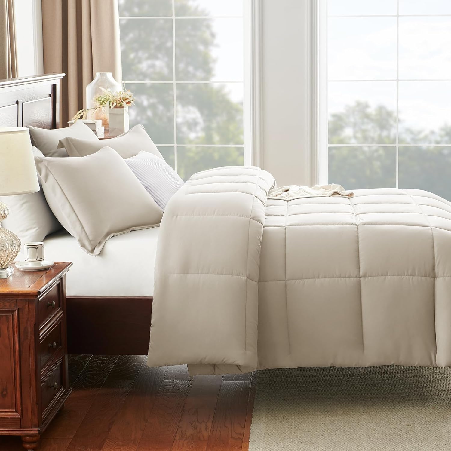 CozyLux Queen Size Comforter Sets Beige – 3 Pieces Box Stitched Queen Bed Set for All Seasons, Soft Lightweight Bedding Sets with 1 Down Alternative Comforter and 2 Pillow Shams