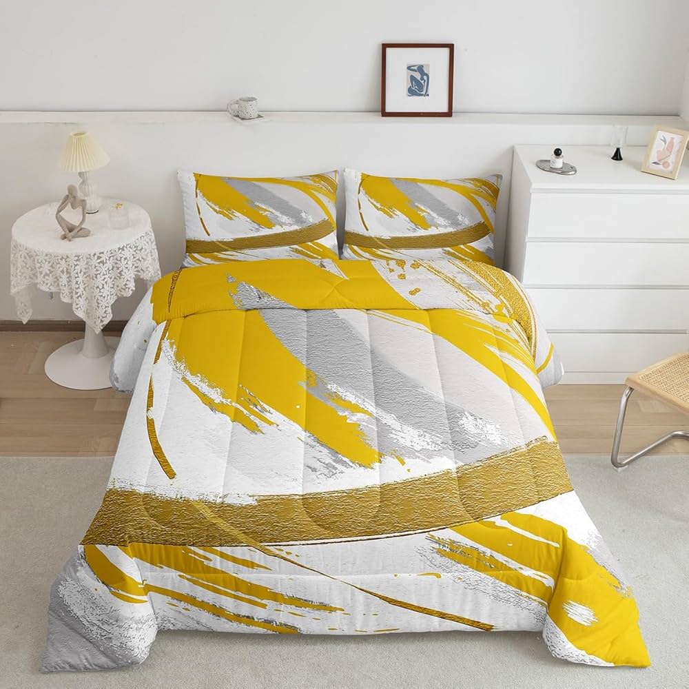 Grey Beige Yellow Queen Bedding Sets Brush Strokes Oil Painting Comforter Set, Gradient Abstract Vintage Down Comforter Ombre Graffiti Bedding Comforter Sets, Contemporary Modern Duvet Insert