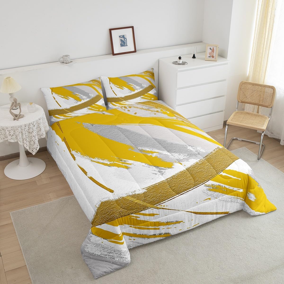 Grey Beige Yellow Queen Bedding Sets Brush Strokes Oil Painting Comforter Set, Gradient Abstract Vintage Down Comforter Ombre Graffiti Bedding Comforter Sets, Contemporary Modern Duvet Insert