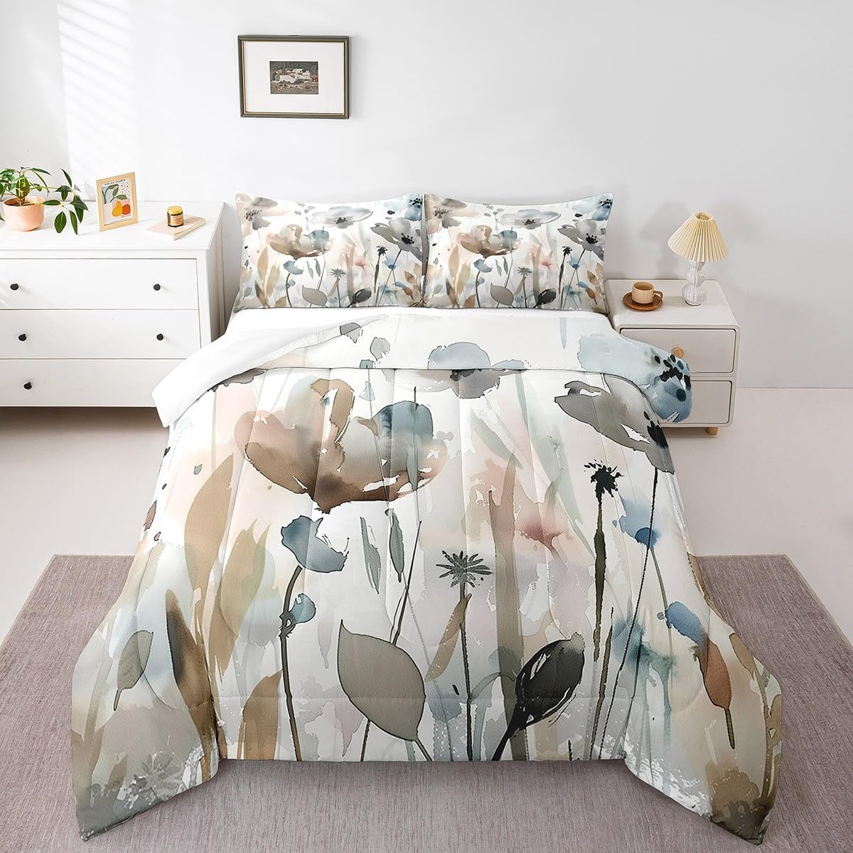 Erosebridal Boho Wildflower Comforter Set King Grunge Abstract Floral Bedding Set for Kids Girls Women,Spring Farmhouse Botanical Bedding Comforter Sets Rustic Country Bed Set Brown Blue