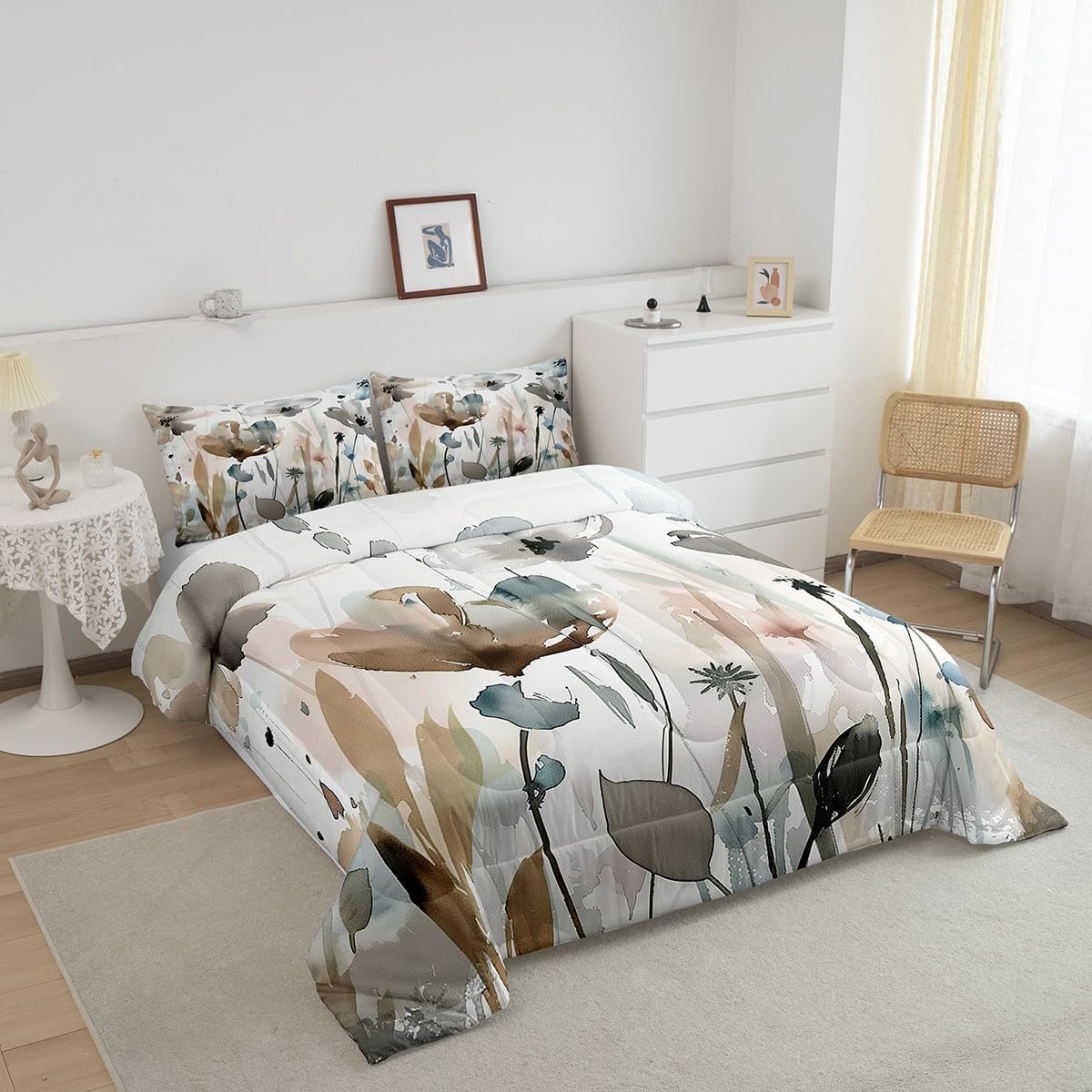 Erosebridal Boho Wildflower Comforter Set King Grunge Abstract Floral Bedding Set for Kids Girls Women,Spring Farmhouse Botanical Bedding Comforter Sets Rustic Country Bed Set Brown Blue