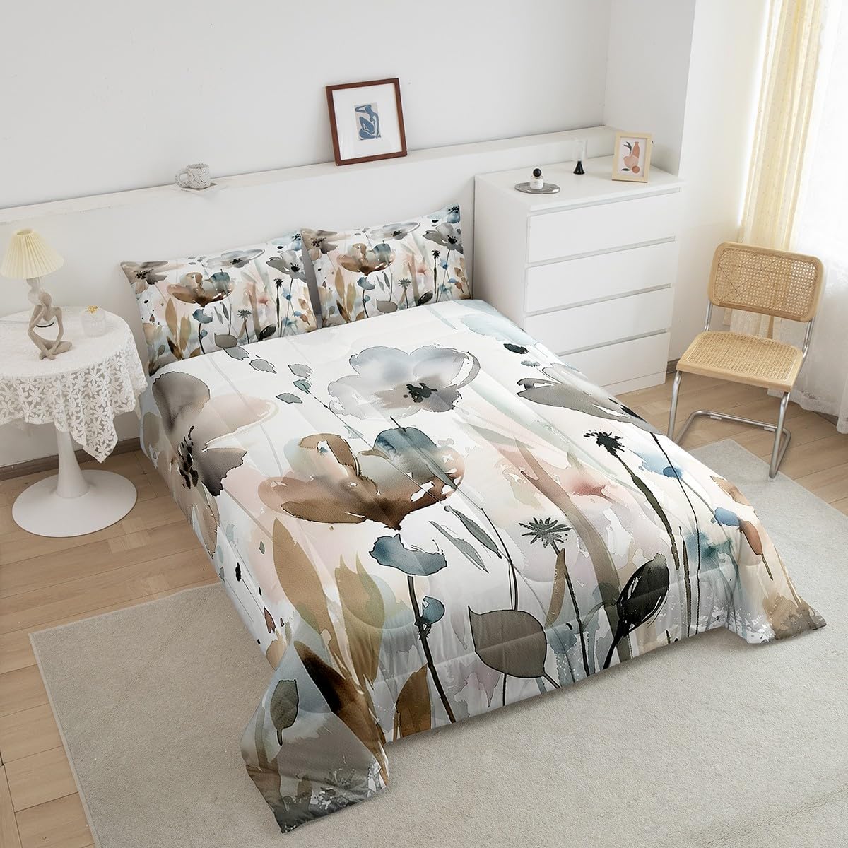 Erosebridal Boho Wildflower Comforter Set King Grunge Abstract Floral Bedding Set for Kids Girls Women,Spring Farmhouse Botanical Bedding Comforter Sets Rustic Country Bed Set Brown Blue