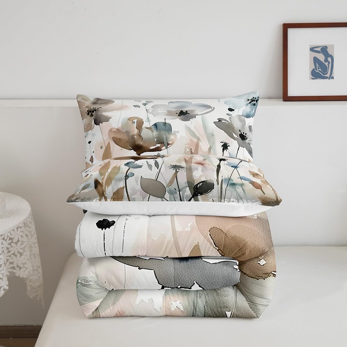 Erosebridal Boho Wildflower Comforter Set King Grunge Abstract Floral Bedding Set for Kids Girls Women,Spring Farmhouse Botanical Bedding Comforter Sets Rustic Country Bed Set Brown Blue