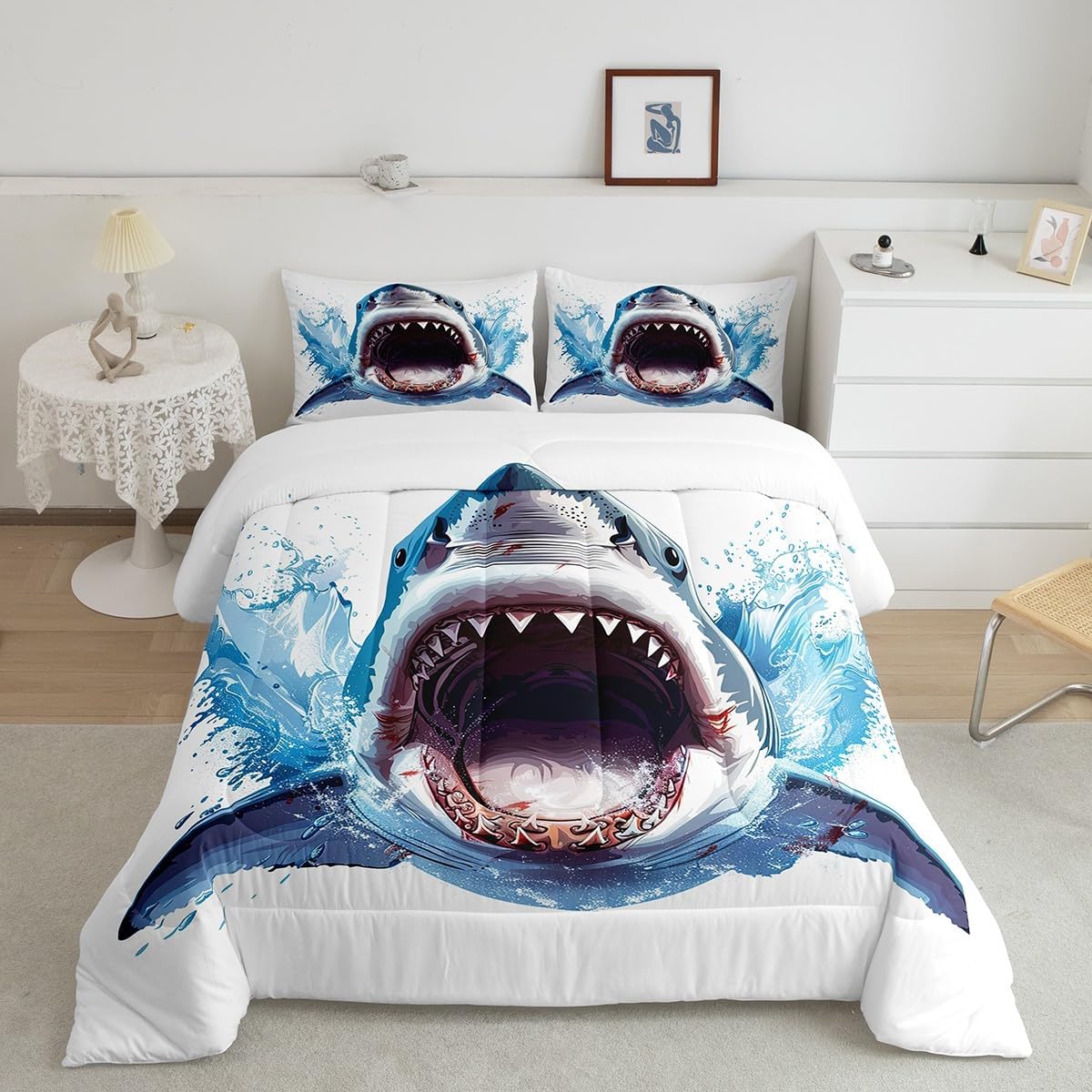 Castle Fairy Shark Comforter Set 3D Shark Sealife Bedding Set Ocean Animal Bedding Home Decor Blue White Comforter Queen Size 3 Pieces Quilted Duvet Set 1 Comforter with 2 Pillowcase