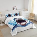 Castle Fairy Shark Comforter Set 3D Shark Sealife Bedding Set Ocean Animal Bedding Home Decor Blue White Comforter Queen Size 3 Pieces Quilted Duvet Set 1 Comforter with 2 Pillowcase
