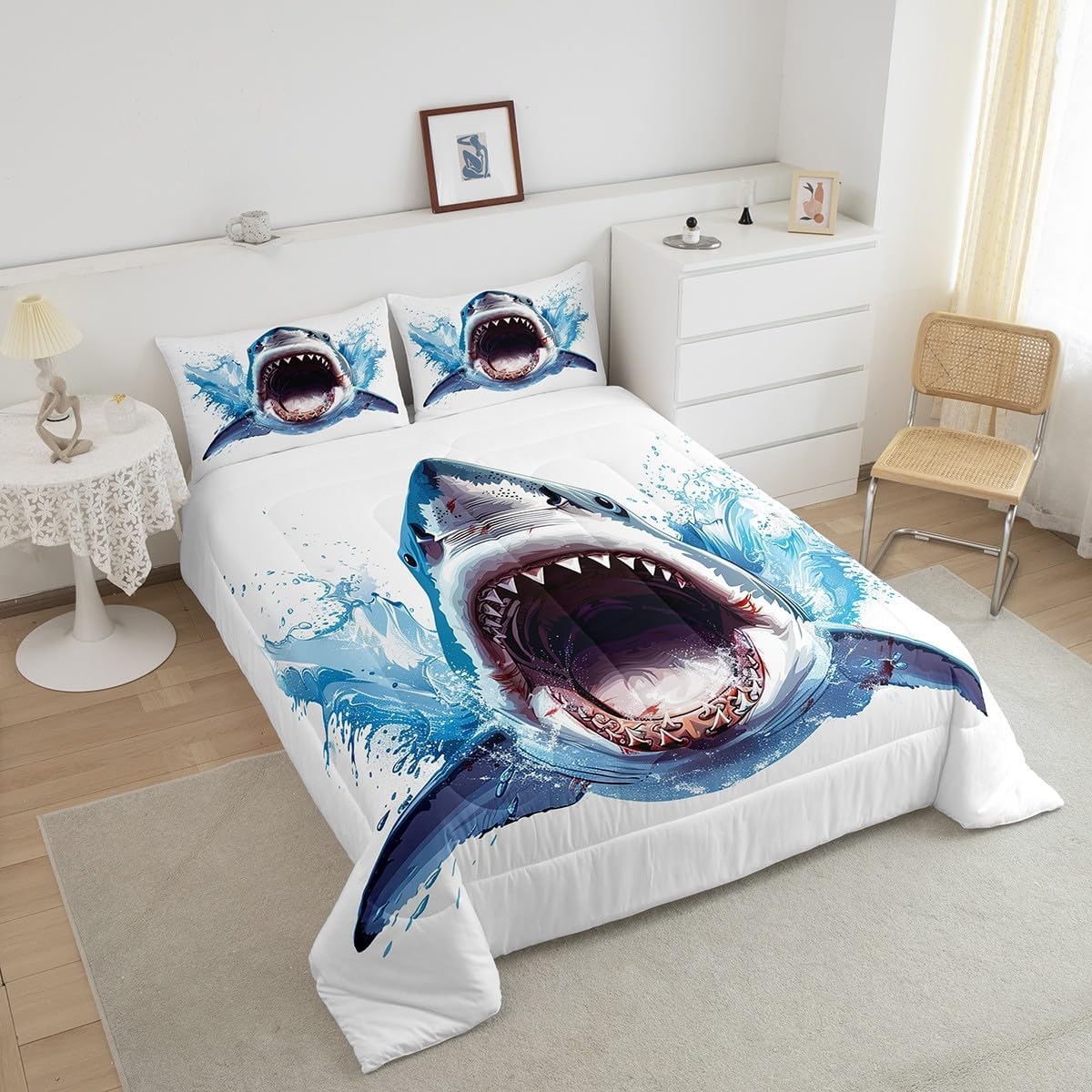Castle Fairy Shark Comforter Set 3D Shark Sealife Bedding Set Ocean Animal Bedding Home Decor Blue White Comforter Queen Size 3 Pieces Quilted Duvet Set 1 Comforter with 2 Pillowcase