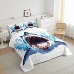 Castle Fairy Shark Comforter Set 3D Shark Sealife Bedding Set Ocean Animal Bedding Home Decor Blue White Comforter Queen Size 3 Pieces Quilted Duvet Set 1 Comforter with 2 Pillowcase