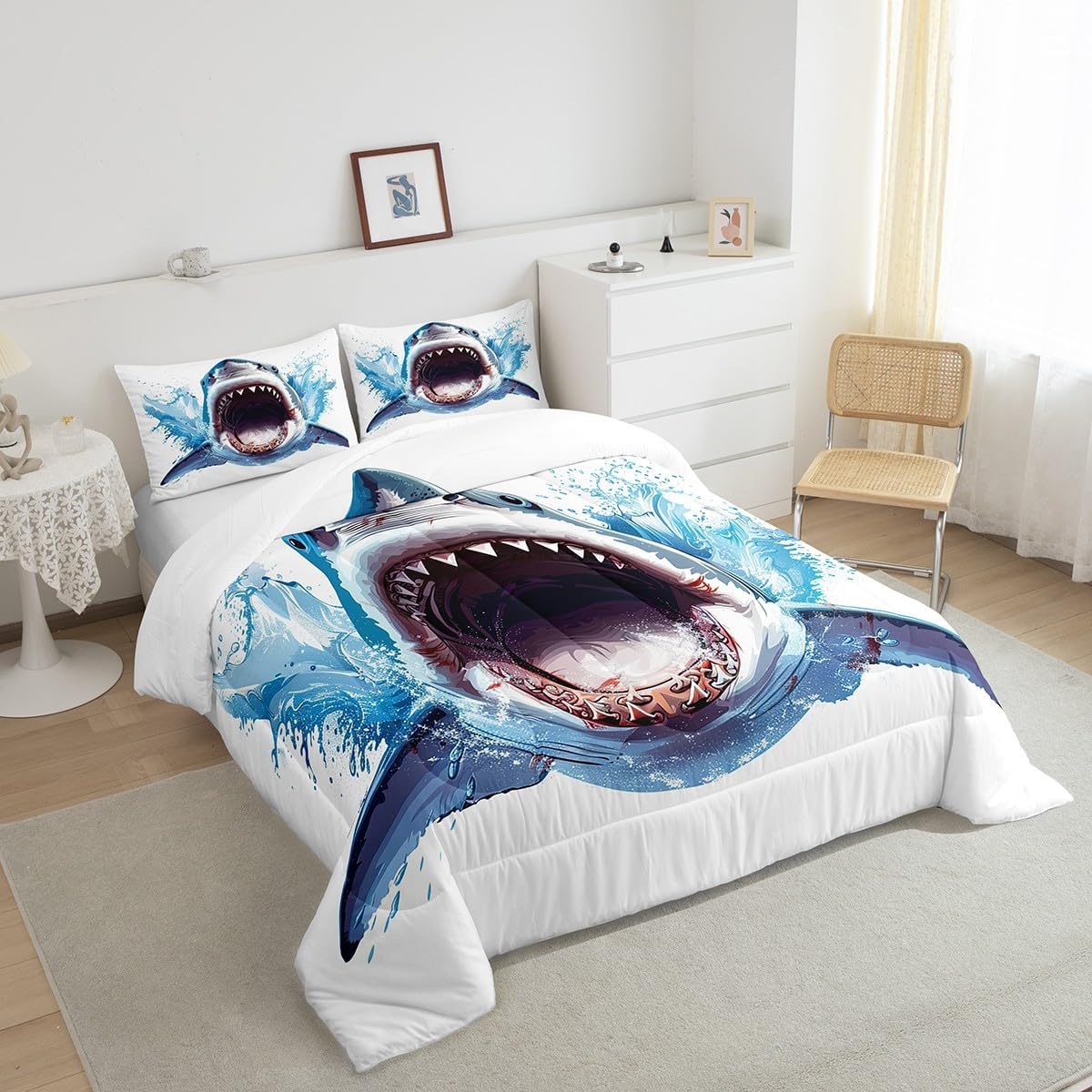 Castle Fairy Shark Comforter Set 3D Shark Sealife Bedding Set Ocean Animal Bedding Home Decor Blue White Comforter Queen Size 3 Pieces Quilted Duvet Set 1 Comforter with 2 Pillowcase
