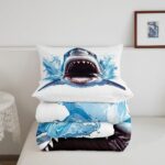 Castle Fairy Shark Comforter Set 3D Shark Sealife Bedding Set Ocean Animal Bedding Home Decor Blue White Comforter Queen Size 3 Pieces Quilted Duvet Set 1 Comforter with 2 Pillowcase