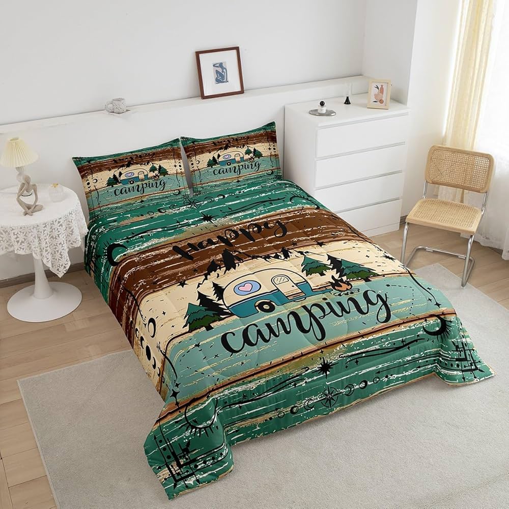 Erosebridal Camping Decor for Camper Comforter Set Lodge Cabin Camp Travel Car Bedding Set, Happy Glamping Trailer Quilt Queen, Vintage Farmhouse Brown Green Cottage Plank Rustic Home Decor