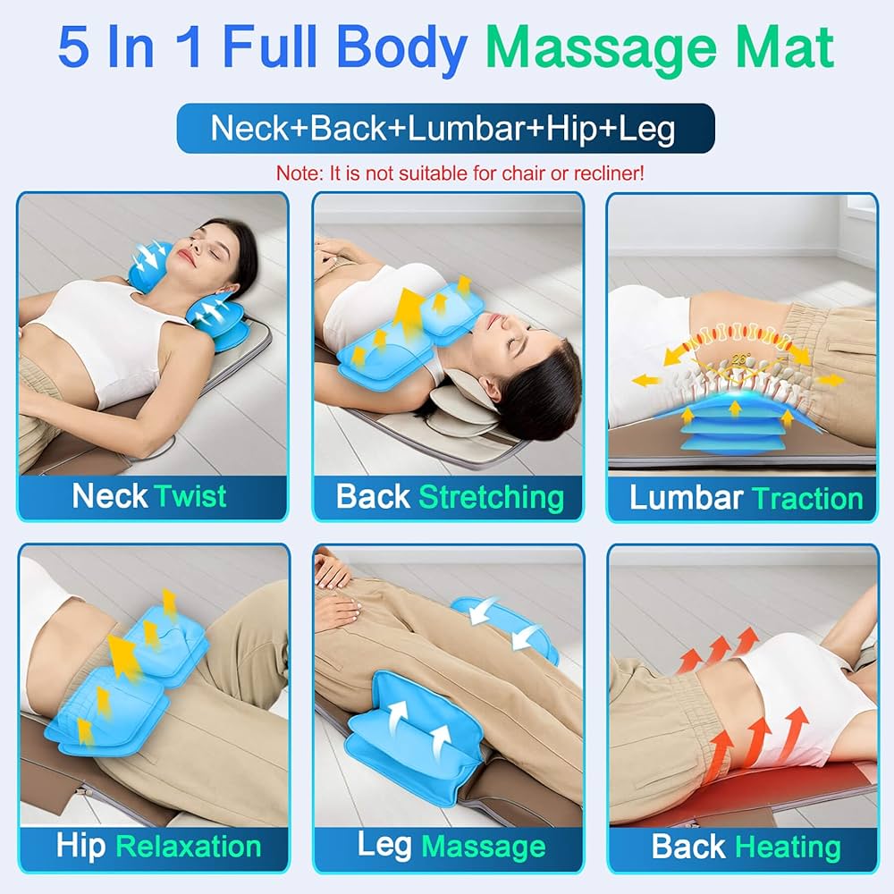 Full Body Massage Mat, 3D Body Stretching & Lumbar Traction, Back Heating, Traction Up & Down, Curve Stretch, Twist Left & Right, 4 Modes 3 Intensities 3 Heat Levels, PU Leather, Foldable, Fit 5’1-6’0