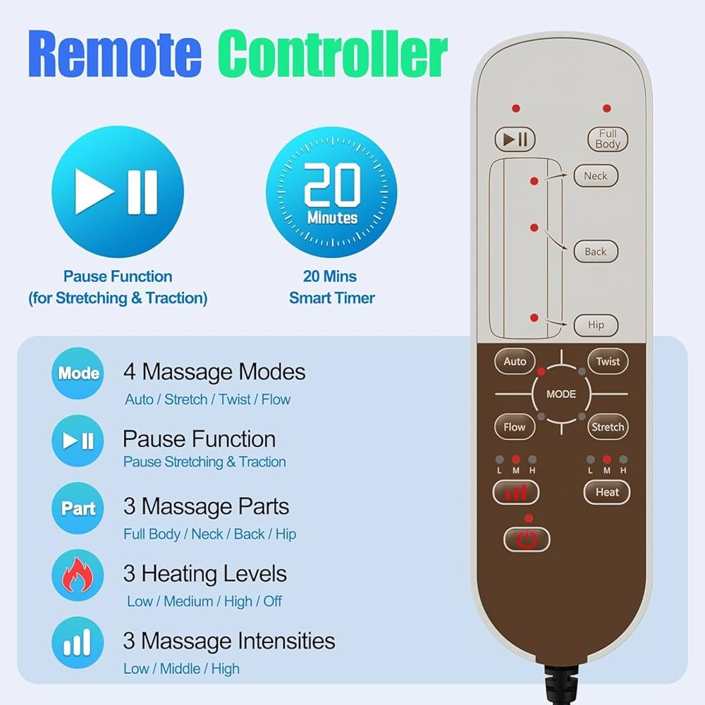 Full Body Massage Mat, 3D Body Stretching & Lumbar Traction, Back Heating, Traction Up & Down, Curve Stretch, Twist Left & Right, 4 Modes 3 Intensities 3 Heat Levels, PU Leather, Foldable, Fit 5’1-6’0