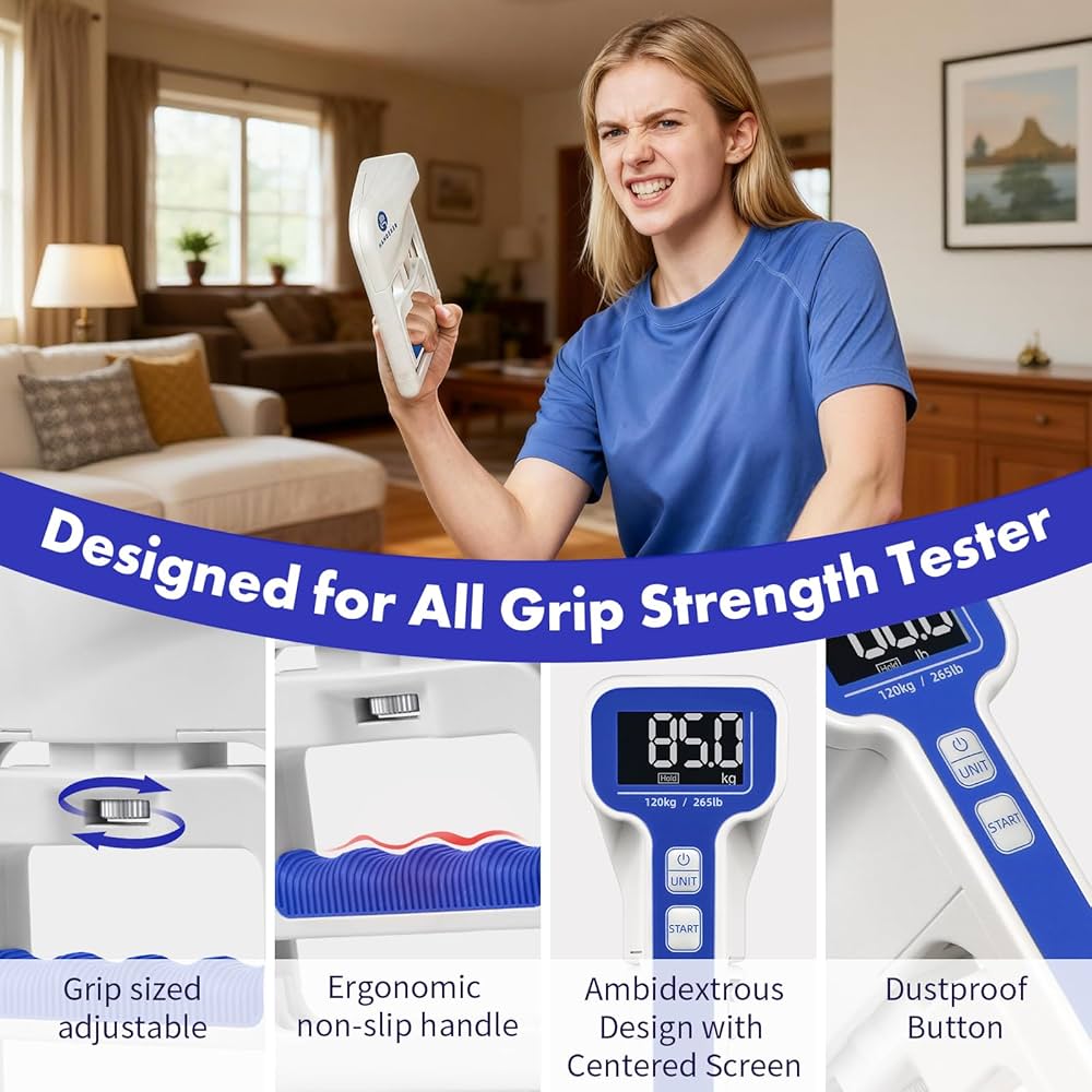 Grip Strength Tester 265lb/120kg, Digital Hand Dynamometer FDA Registered with Backlit LCD for Grip Strength Testing and Training