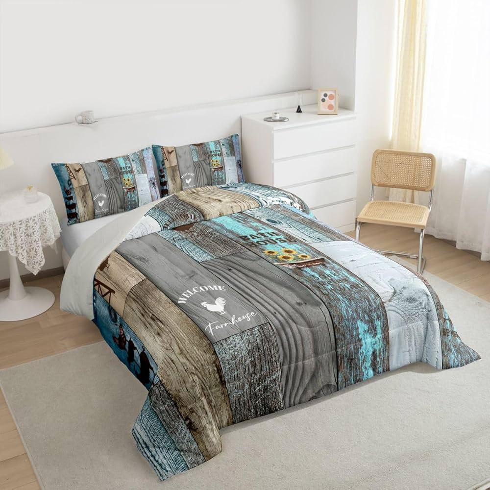 Rustic Windmill Farmhouse Comforter Set 3Pcs, Sunflower Chicken Print Bedding Set Queen Size, Vintage Country Western Duvet Insert Barn Door Wooden Plank Bedding Comforter Sets Retro Bedroom Decor