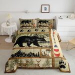 Farmhouse Hunting Bear Comforter Set Twin Size, Lake House Decor Bedding, Retro Woodland Lake Paddle Down Comforter, Deer Moose Wildlife Duvet Insert, Rustic Buffalo Grid Quilt Cabin Lodge Decor