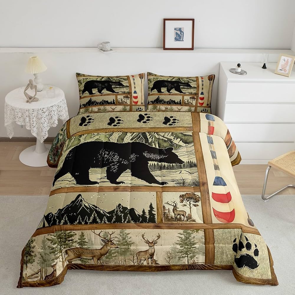 Farmhouse Hunting Bear Comforter Set Twin Size, Lake House Decor Bedding, Retro Woodland Lake Paddle Down Comforter, Deer Moose Wildlife Duvet Insert, Rustic Buffalo Grid Quilt Cabin Lodge Decor