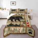 Farmhouse Hunting Bear Comforter Set Twin Size, Lake House Decor Bedding, Retro Woodland Lake Paddle Down Comforter, Deer Moose Wildlife Duvet Insert, Rustic Buffalo Grid Quilt Cabin Lodge Decor