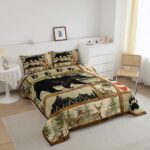 Farmhouse Hunting Bear Comforter Set Twin Size, Lake House Decor Bedding, Retro Woodland Lake Paddle Down Comforter, Deer Moose Wildlife Duvet Insert, Rustic Buffalo Grid Quilt Cabin Lodge Decor