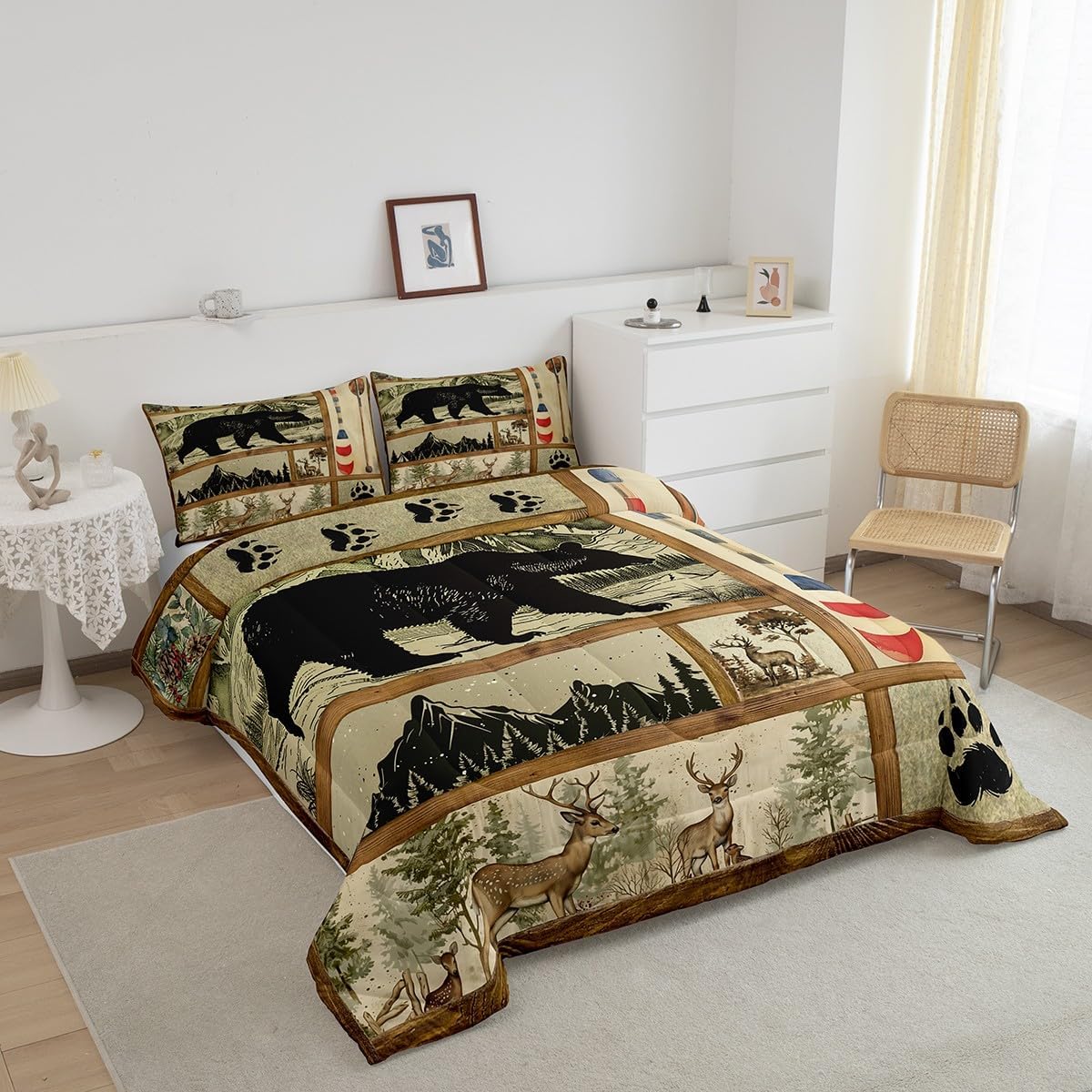 Farmhouse Hunting Bear Comforter Set Twin Size, Lake House Decor Bedding, Retro Woodland Lake Paddle Down Comforter, Deer Moose Wildlife Duvet Insert, Rustic Buffalo Grid Quilt Cabin Lodge Decor