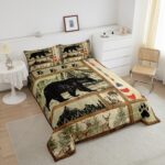 Farmhouse Hunting Bear Comforter Set Twin Size, Lake House Decor Bedding, Retro Woodland Lake Paddle Down Comforter, Deer Moose Wildlife Duvet Insert, Rustic Buffalo Grid Quilt Cabin Lodge Decor