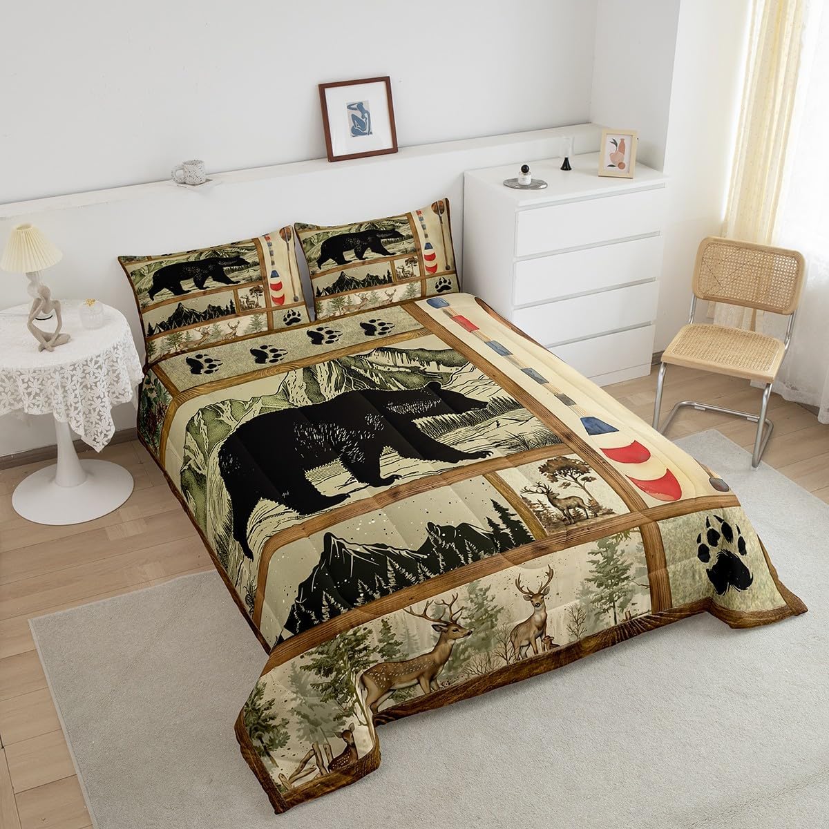 Farmhouse Hunting Bear Comforter Set Twin Size, Lake House Decor Bedding, Retro Woodland Lake Paddle Down Comforter, Deer Moose Wildlife Duvet Insert, Rustic Buffalo Grid Quilt Cabin Lodge Decor