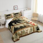 Farmhouse Hunting Bear Comforter Set Twin Size, Lake House Decor Bedding, Retro Woodland Lake Paddle Down Comforter, Deer Moose Wildlife Duvet Insert, Rustic Buffalo Grid Quilt Cabin Lodge Decor