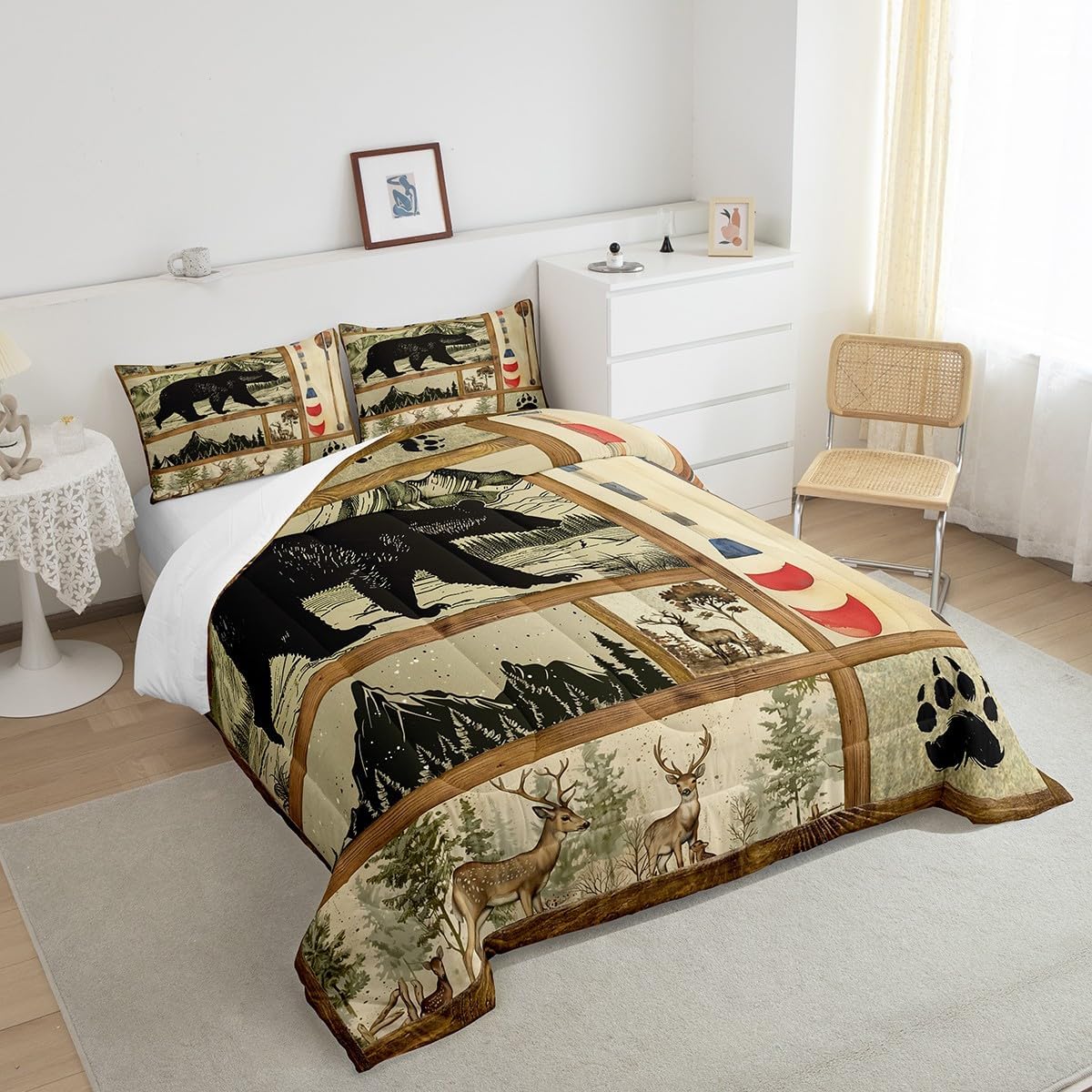 Farmhouse Hunting Bear Comforter Set Twin Size, Lake House Decor Bedding, Retro Woodland Lake Paddle Down Comforter, Deer Moose Wildlife Duvet Insert, Rustic Buffalo Grid Quilt Cabin Lodge Decor
