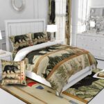 Farmhouse Hunting Bear Comforter Set Twin Size, Lake House Decor Bedding, Retro Woodland Lake Paddle Down Comforter, Deer Moose Wildlife Duvet Insert, Rustic Buffalo Grid Quilt Cabin Lodge Decor