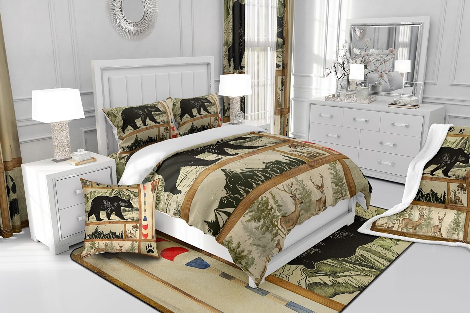 Farmhouse Hunting Bear Comforter Set Twin Size, Lake House Decor Bedding, Retro Woodland Lake Paddle Down Comforter, Deer Moose Wildlife Duvet Insert, Rustic Buffalo Grid Quilt Cabin Lodge Decor