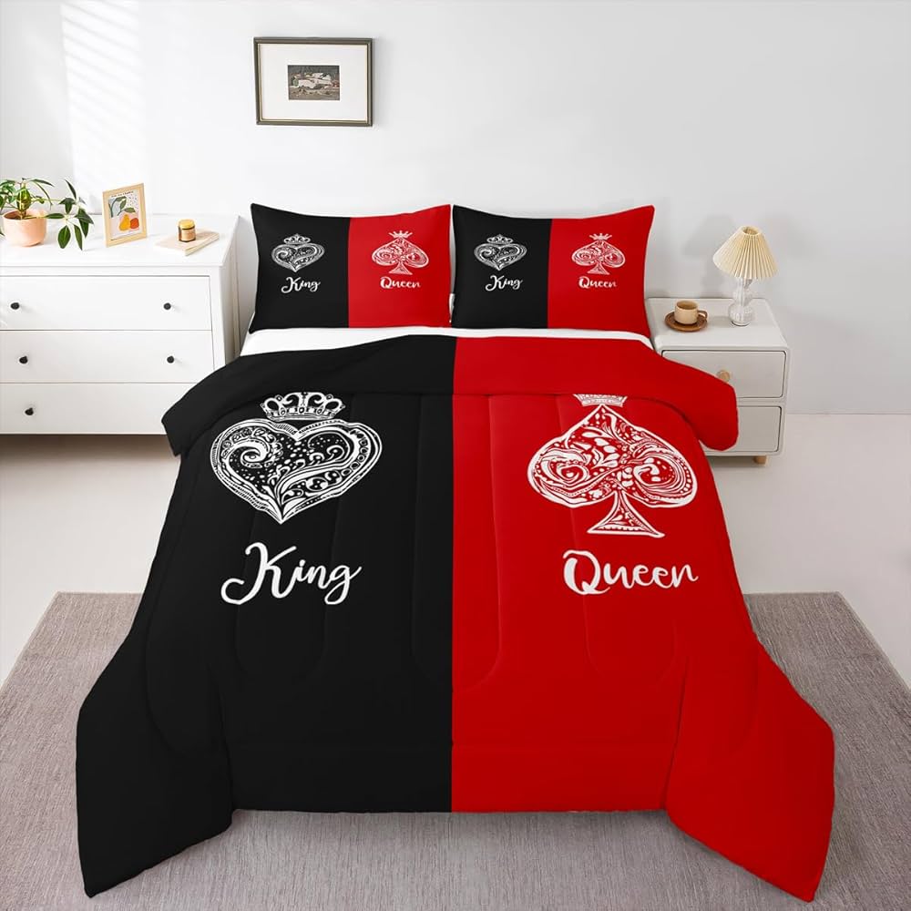 Erosebridal Couples Comforter Set King Size,King and Queen Crown Bedding Set for Couple Bedroom Decor,Red and Black Patchwork Quilt,Valentines Anniversary Wedding Bed Set 2 Pillowcases,Lightweight